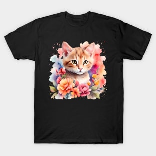 A cat decorated with beautiful watercolor flowers T-Shirt